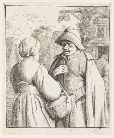 女と男が互いに話している 作： Adriaen van Ostade