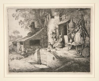コテージのドアで回転する女性 作： Adriaen van Ostade