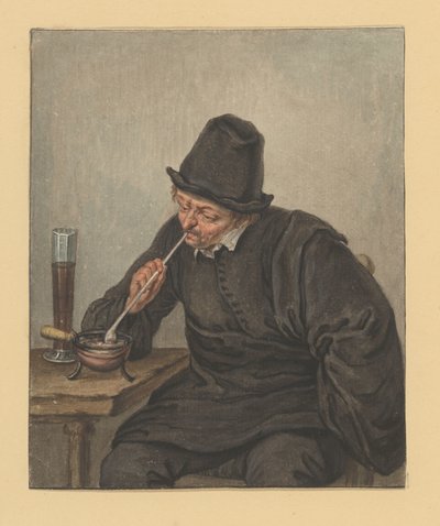 座っている男がパイプに火をつける 作： Adriaen van Ostade