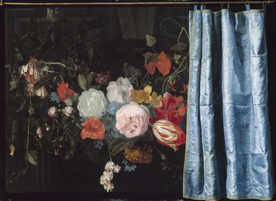 フラワーガーランドとカーテンのあるトロンプl "Oeil静物、1658年 作： Adriaen van Spelt
