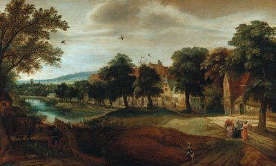 村の建物とアブラハムと三人の天使のいる樹木が茂った川の風景 作： Adriaen van Stalbemt