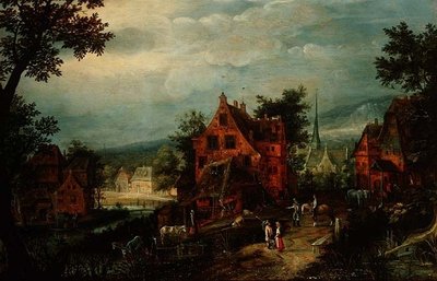 農民のいる村の風景 作： Adriaen van Stalbemt