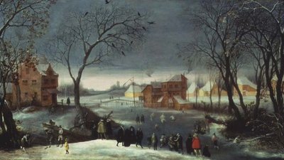 スケーターのいる冬景色（パネル） 作： Adriaen van Stalbemt