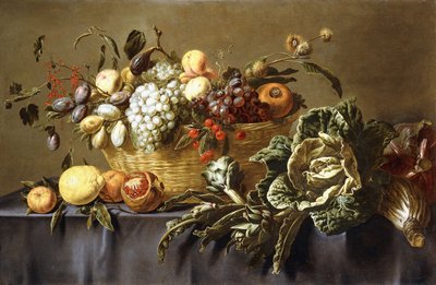 ドレープされたテーブルの上のフルーツバスケット、1635年頃 作： Adriaen van Utrecht