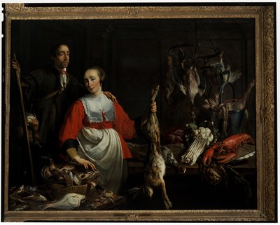 パントガンを持った賭博師と、食料庫で死んだウサギを支える女中 作： Adriaen van Utrecht