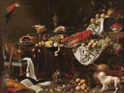 バンケット静物 オウム、犬、猿のいる静物 作： Adriaen van Utrecht