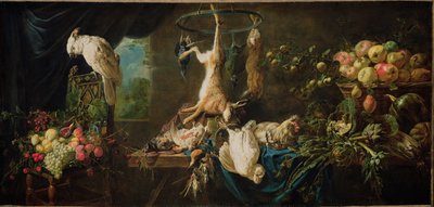 ゲーム、野菜、果物、オウムのある静物、1650 作： Adriaen van Utrecht