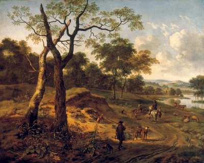 ハンターと犬のいる緑豊かな夜の風景 作： Adriaen van de Velda