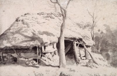 森の羊小屋 (チョークとウォッシュ) 作： Adriaen van de Velde