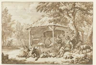 小屋の近くの牛と羊飼いのカップル ヘルダーシディレ 作： Adriaen van de Velde