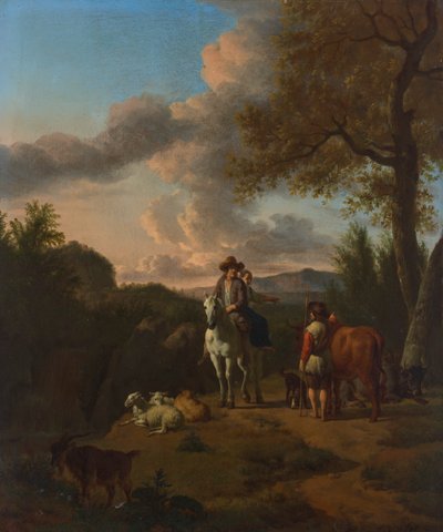 白馬に乗った男女が牧夫に道を尋ねるイタリア風景画 作： Adriaen van de Velde