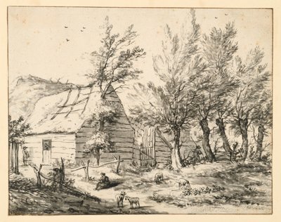 並木のポラードヤナギの後ろの農家 作： Adriaen van de Velde