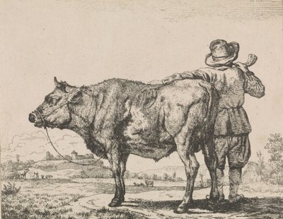 雄牛と立っている人 作： Adriaen van de Velde