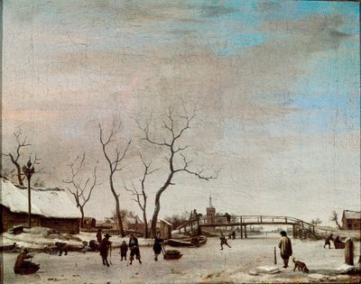 スケーターのいる川の流れ Adriaen Van de Velde le jeune (1636-1672) の絵画 1668年 薄暗い。23x30 cm パリ、ルーヴル美術館 作： Adriaen van de Velde