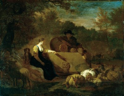 井戸のそばで羊の群れを囲む羊飼いと羊飼いの娘 作： Adriaen van de Velde
