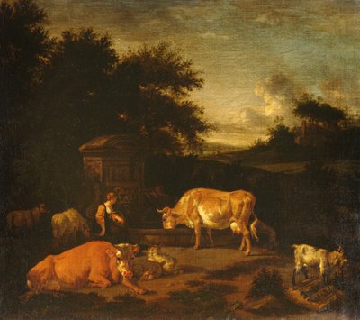 森の風景の中の古典的な噴水で羊飼いと群れを持つ群れの群れ 作： Adriaen van de Velde