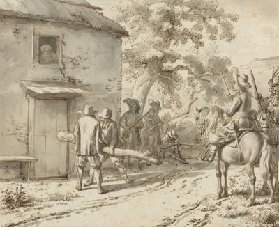 兵士がドアを押します、1669（ペン＆インク描画） 作： Adriaen van de Velde