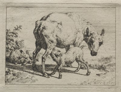 羊と二匹の子羊、1670年。 作： Adriaen van de Velde