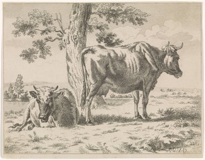 木のそばにいる 2 頭の牛 (シリーズ タイトル) 木の近くで放牧されている牛と 2 頭の羊 作： Adriaen van de Velde