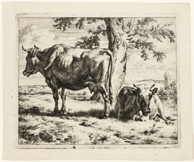 木の下で 2 頭の牛 作： Adriaen van de Velde