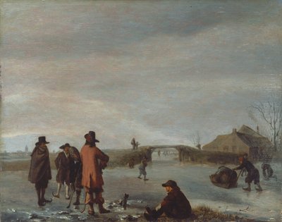 凍った川でゴルフをする一団のいる冬の風景 1654-72年頃 パネルに油彩 作： Adriaen van de Velde