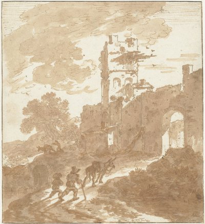 街の門に通じる小道のあるイタリア風の風景 作： Adriaen van der Kabel