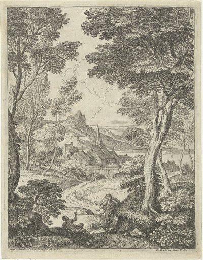 尖塔のある風景 羊飼いのいる風景（シリーズタイトル） 作： Adriaen van der Kabel