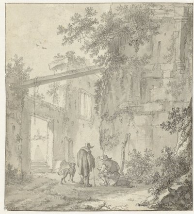 製図工、その仲間、犬と一緒に古代遺跡を眺める 作： Adriaen van der Kabel