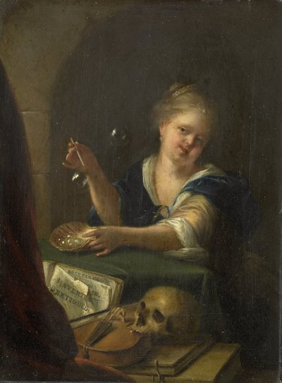 ヴァニタスの静物画を持つシャボン玉を吹く少女 作： Adriaen van der Werff (manner of)