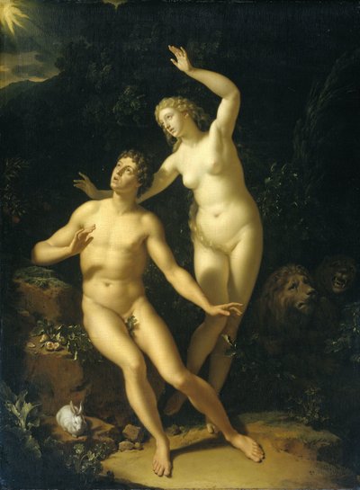 神はアダムとエバに責任を負わせる 作： Adriaen van der Werff