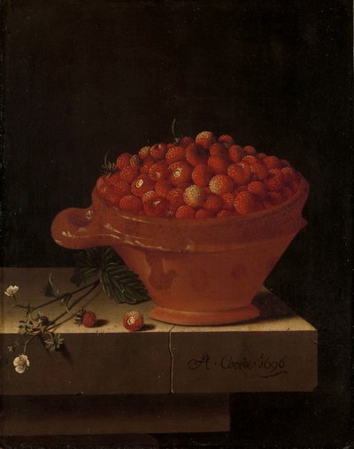 石の台座にイチゴのボウル、1696年 作： Adrian Coorte