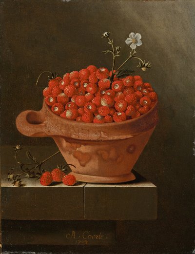 土鍋にイチゴのある静物、1704 作： Adrian Coorte