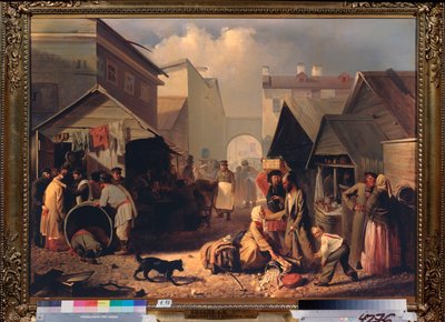 Buvette a Saint Petersburg (サンクトペテルブルクの軽食屋台) - Adrian Markovich Volkov (1827-1873) の絵画、キャンバスに油彩 作： Adrian Markovich Volkov