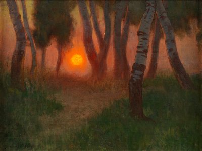 樹木が茂った風景に沈む夕日（パネルに油彩） 作： Adrian Scott Stokes