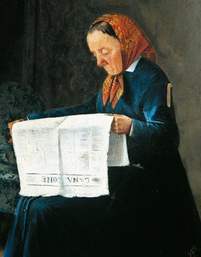 新聞を読むアドリアーノ・チェチオーニ（1836-1886）作、厚紙に油彩、31x23cm 作： Adriano Cecioni