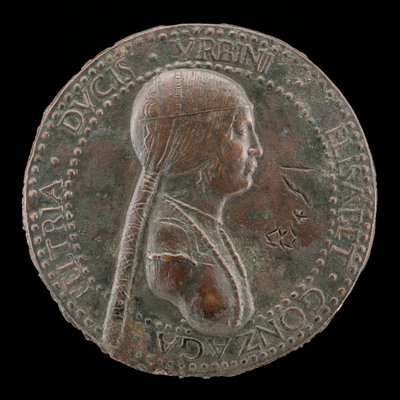 エリザベッタ・ゴンザーガ、1528年死去、ウルビーノ公爵夫人、グイドバルド1世の妻、1489年 [obv]、おそらく15歳以降 作： Adriano Fiorentino