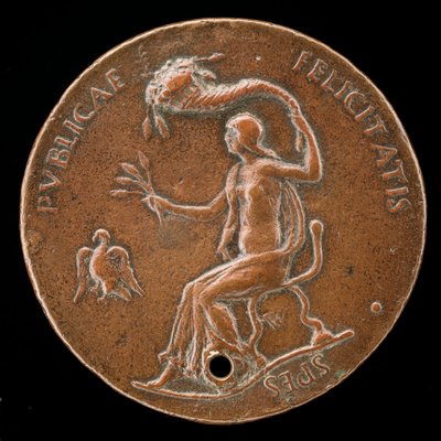フェリシタスが着席し、トウモロコシの穂を持ち、コルヌコピアを振っている[逆]、1494年以前。 作： Adriano Fiorentino