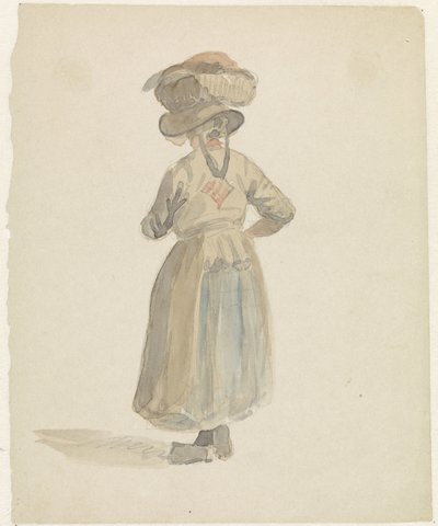 かごを頭にのせた女性の後ろ姿 作： Adrianus Eversen
