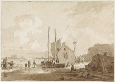 ボートハウスの近くのボートの近くの人物と冬景色 作： Adrianus Eversen