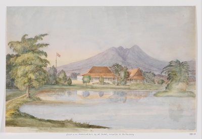 西ジャワの山にオランダ国旗と池のある家の眺め 作： Adrianus Johannes Bik