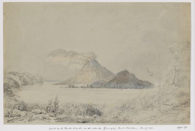 バンダ ネイラと喫煙グヌンガピ、バンダ諸島、中央モルッカのロンタルからの眺め 作： Adrianus Johannes Bik