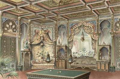 ムーア人のビリヤードルーム、「La Decoration Interieure」のイラスト、1893-94年頃に出版（カラーリソ） 作： Adrien (after) Simoneton