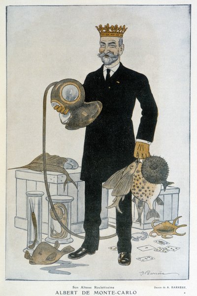 アルベール・1er・ド・モナコ（1848-1922）、モンテカルロ海洋博物館の創設者 - アドリアン・バレール（1877-1931）のイラスト 1914年04月15日の「ファンタジオ」にて 作： Adrien Barrere