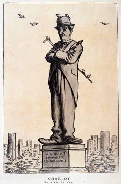 台座に文字が書かれた彫像のシャルロ。「Charlot, the grateful humanity" ("Charlot ne s