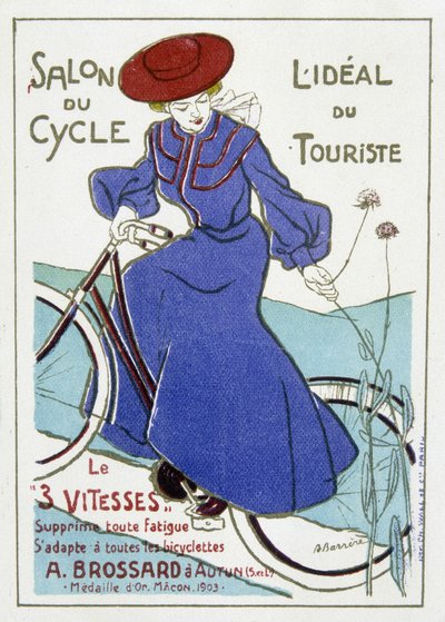 観光の理想である自転車の見本市。1903年にマコンで金賞を受賞したA.ブロサール社の自転車の広告。20世紀初頭のBarrereのイラスト。 作： Adrien Barrere
