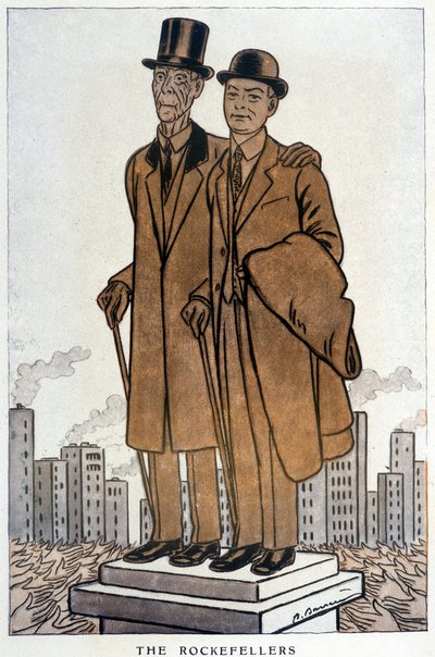 ロックフェラー家の先輩と後輩、アメリカ人のクレサス - Adrien Barrere (1877-1931)による1930年3月1日の "Fantasio "でのイラスト 作： Adrien Barrere