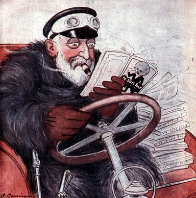 自家用車を運転する英国王エドワード7世（1841〜1910）の肖像。A.Barrèreによるドローイング。"I know everything." 作： Adrien Barrere
