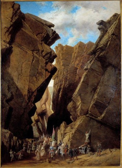 フランスによるアルジェリアの植民地化。"the passage of the Iron Gate in Algeria on 28/10/1839" 1839年にオルレアン公が指揮したフランスの遠征隊がビバンズの通路を横切った。アドリアン・ドーザッツ（1804-1868）による絵画 1869年 日。1,46x1,05 m オルレア 作： Adrien Dauzats