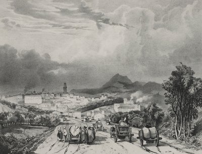 1829年、オーヴェルニュのリオンの全景。 作： Adrien Dauzats