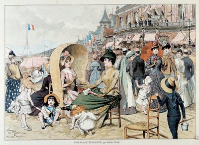 エレガントなビーチ。フランスのビーチで楽しむ群衆の中で子供たちと一緒に魅力的な女性。アドリアン・マリーによる彫刻 作： Adrien Emmanuel Marie